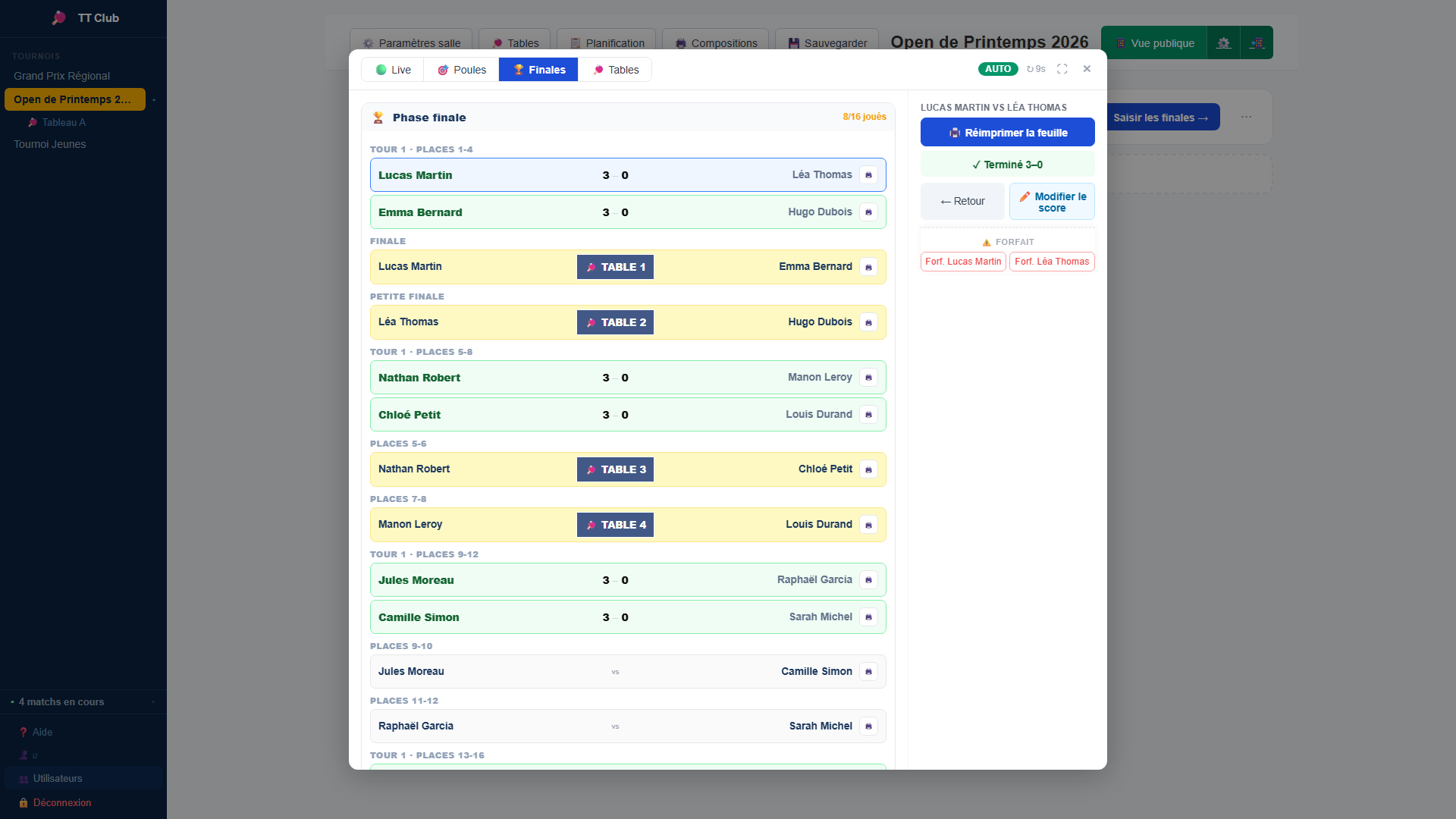 Fenêtre de pilotage : scores et tables